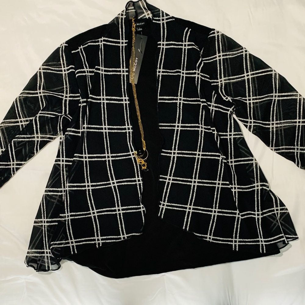 Liz McCoy Black and White Blouse with Necklace